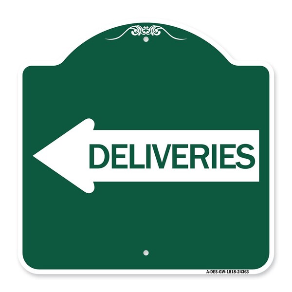 Designer Series Deliveries W/ Left Arrow, Green & White Aluminum Sign, 18" x 18", GW-1818-24363